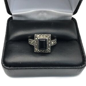925 Sterling Silver Marcasite Black Onyx Ring Size 10 Vintage